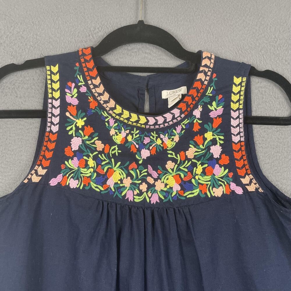 J Crew Top Womens 0 Navy Blue Sleeveless Embroidered Floral Linen Cotton Boho - Picture 2 of 8